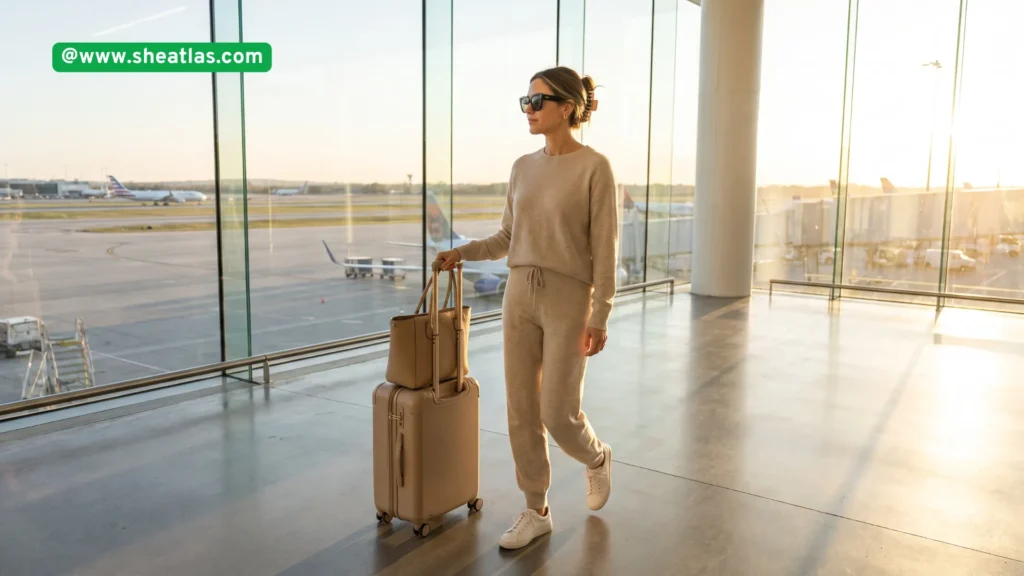 Woman in cream linen travel outfit