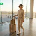 Woman in cream linen travel outfit